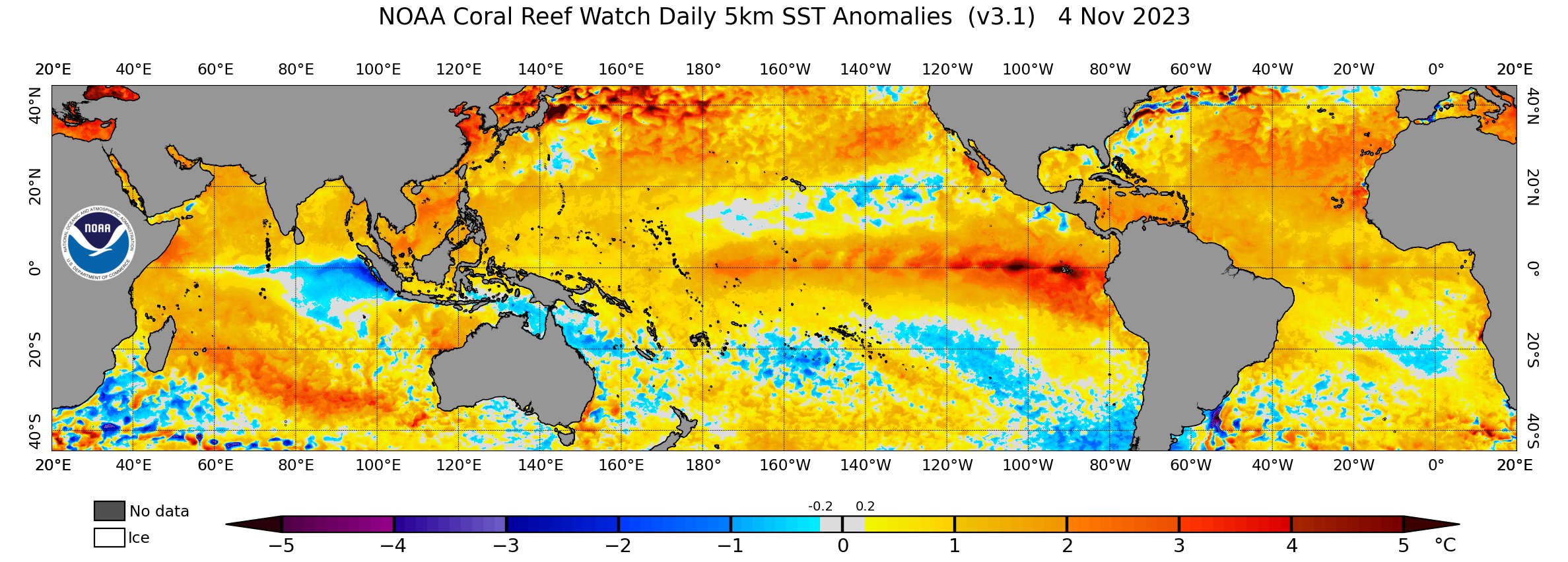 Sea surface temperature anomalies for November 4th from NOAA's Coral Reef Watch.