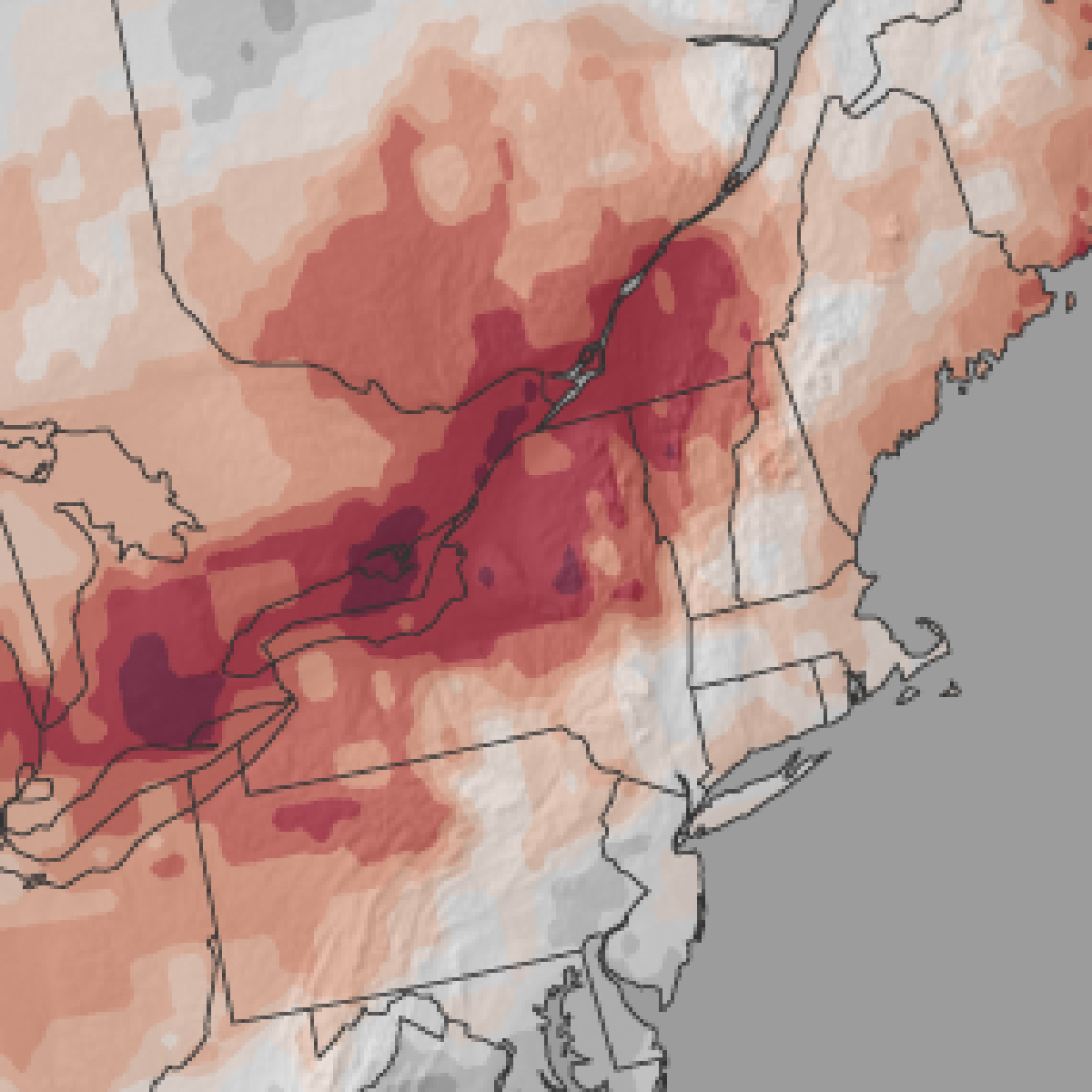 Zooming into the Northeast and Quebec to see the frequency of below average snowfall years.