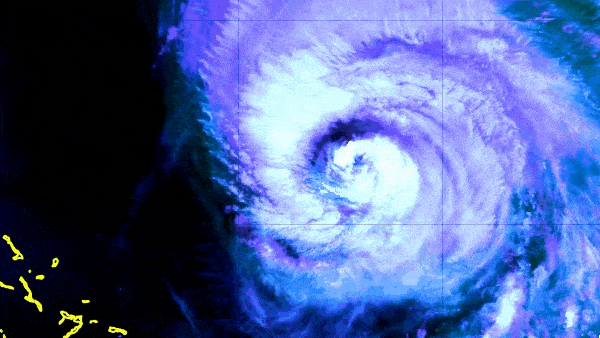 Hurricane Lee spinning east of the Bahamas in RGB water vapor satellite imagery.