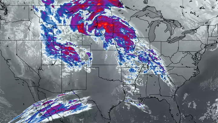 Simulated IR satellite showing Monday as the storm is forming over the Great Plains.